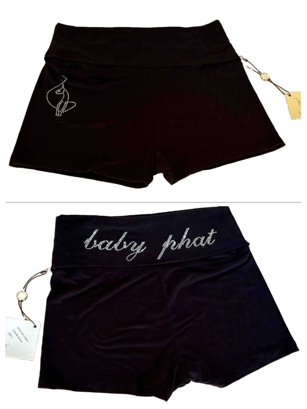 BABY PHAT Stretchy Y2K Booty Shorts Foldover HI-Waist BLK CAT Rhinestone Logo LG